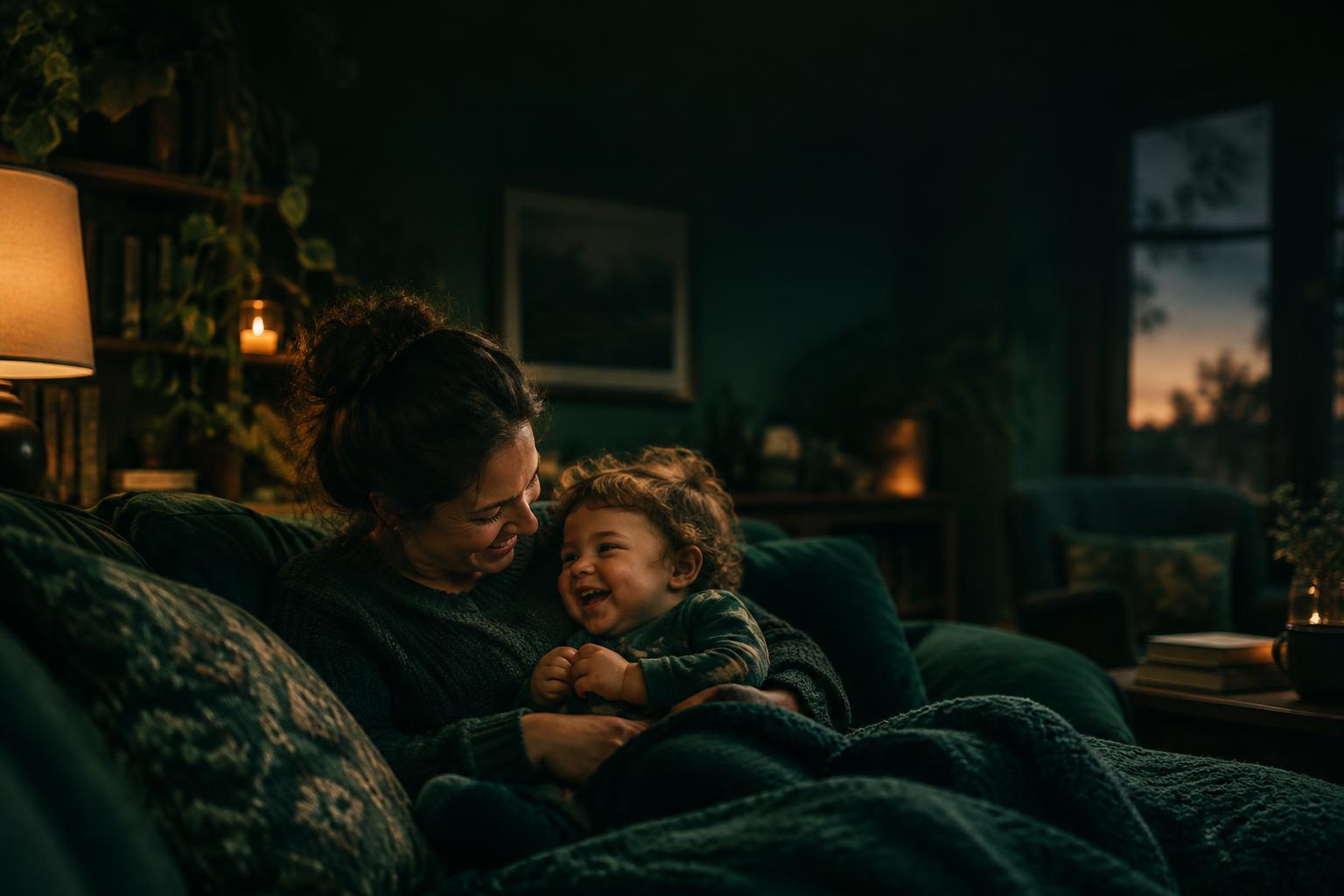 A parent and toddler snuggled together on the couch, laughing